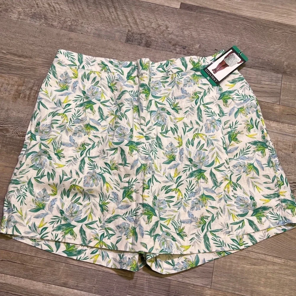 Ellen Tracy Womens Linen Blend Tropical Floral Print Shorts White‎ Green XL NWT